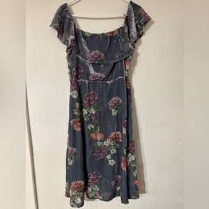 Lulus Dress Clarita Gray Burnout Velvet Floral Ruffle Off Shoulder Lined Size M
